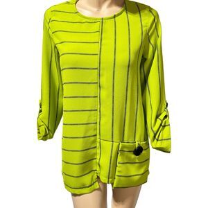 ALI MILES Size M Medium Lime Green Black Artsy Pocket Tunic Top Striped Blouse